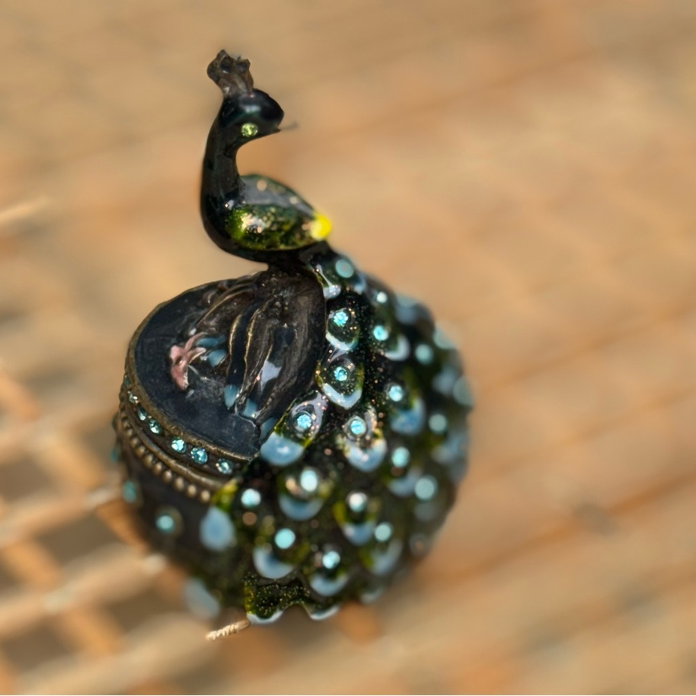Crystal Bejeweled Blue And Green Peacock Trinket Pill Jewelry Box - Picture 3 of 16